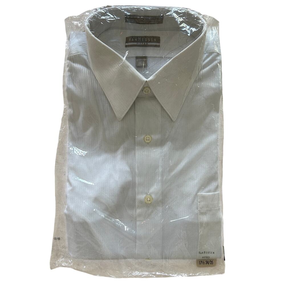 NEW Van Heusen Men's White Fitted Sateen Stripe Dress Shirt, 17.5 34/35 XL tags